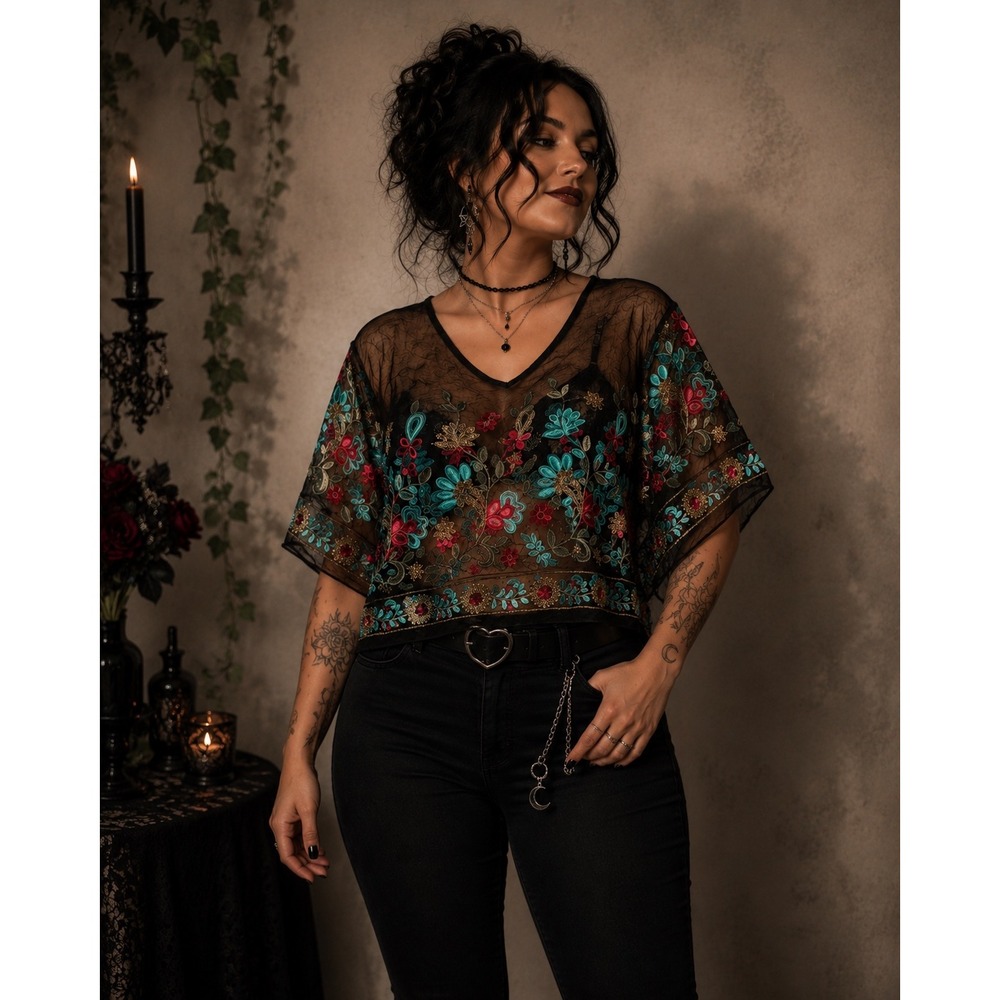 Rachel Zoe Floral Embroidered Sheer Crop Top V-Neck Boho Black Whimsical Goth